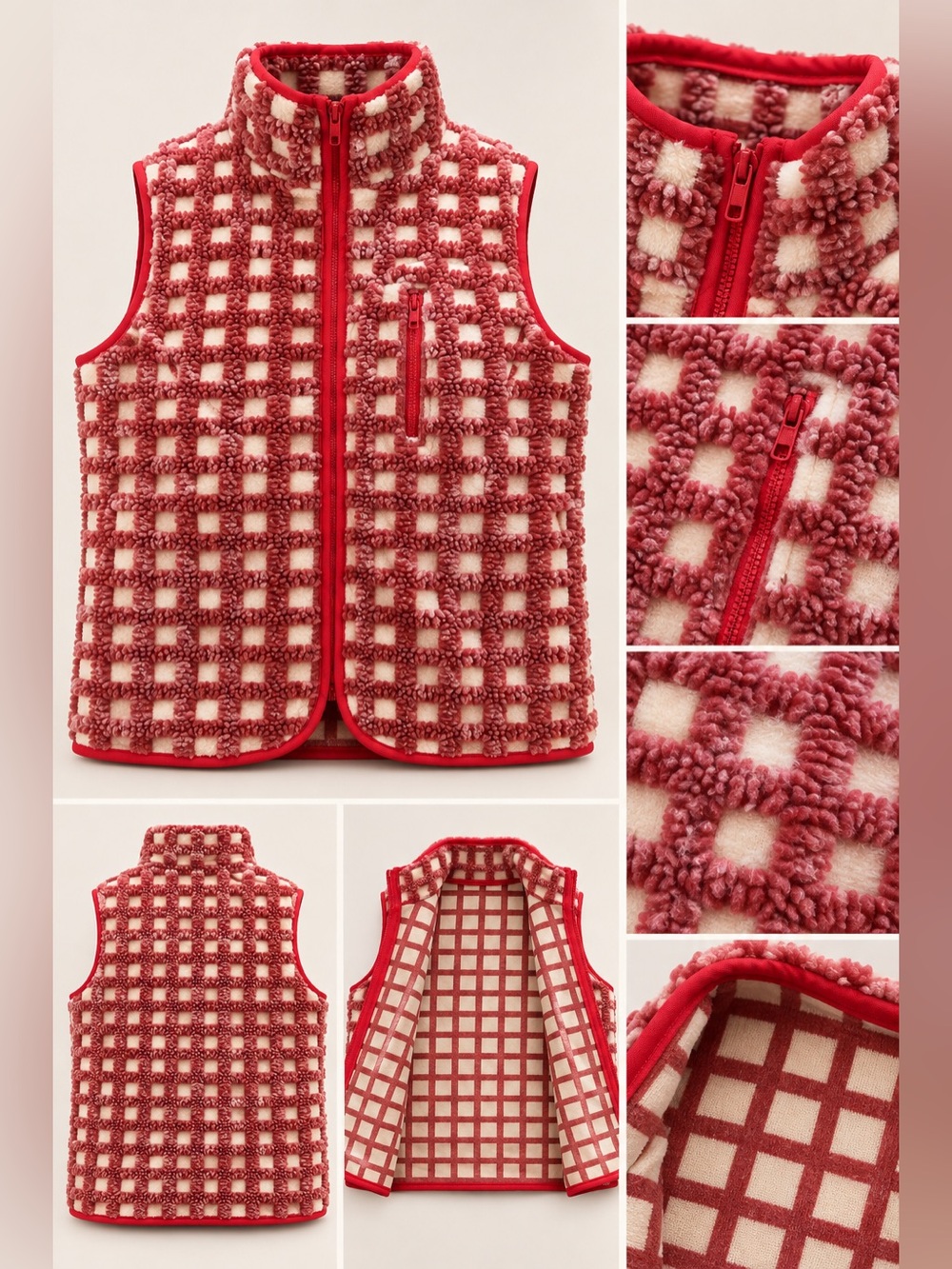 Cozy Red Grid Sherpa Vest with Zip Chest Pocket